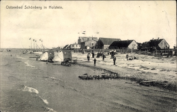 Postcard Ostseebad Schönberg in Holstein, beach area, bridge
