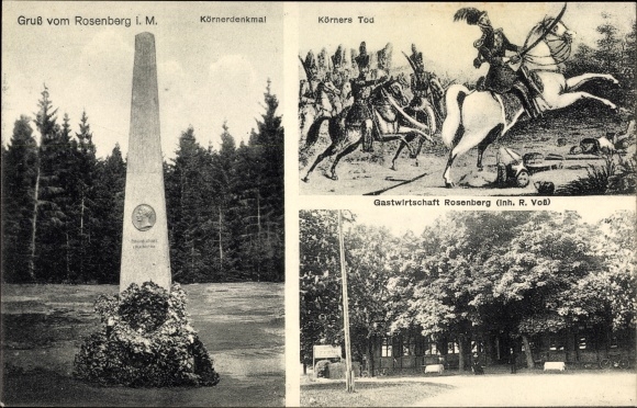 Postcard Gadebusch in Mecklenburg, Rosenberg, Körner memorial, Körner&#39;s death, inn Rosenberg