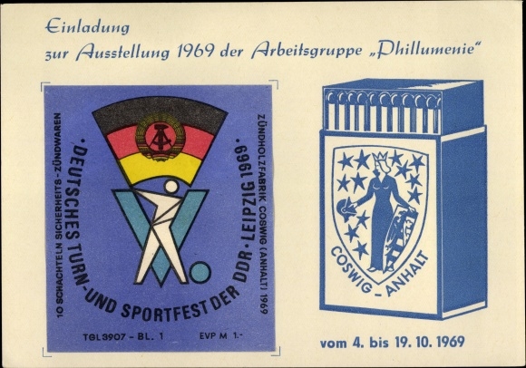 Ak Coswig in Anhalt, Einladung zur Ausstellung 1969 der Arbeitsgruppe Pillumenie, Zündhölzschachtel