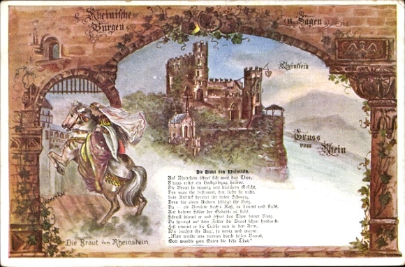 Postcard Trechtingshausen am Rhein, Rheinstein Castle, Rhenish Castles, Legends, Castle Knight, Lady