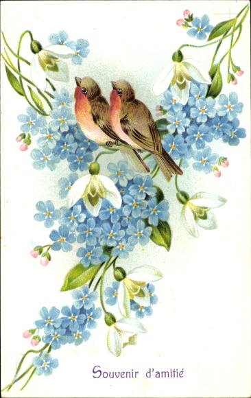 Postcard bouquet of flowers, birds, forget-me-nots, snowbells