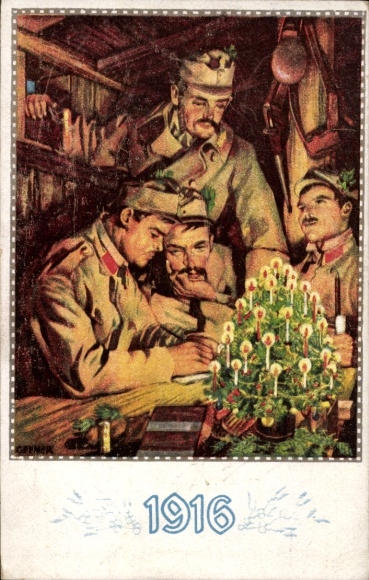 Künstler Ak Frohe Weihnachten, Kuk Soldaten im Unterstand, Tannenbaum, Kriegsweihnacht 1916