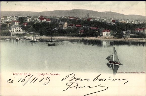 KP Christiania Oslo Norwegia, panoramiczny widok żaglówki, kolorowy