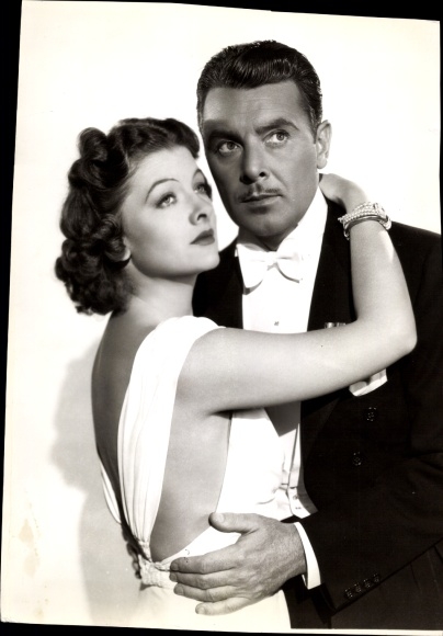 Postcard actors Myrna Loy and George Brent, portrait, autographs