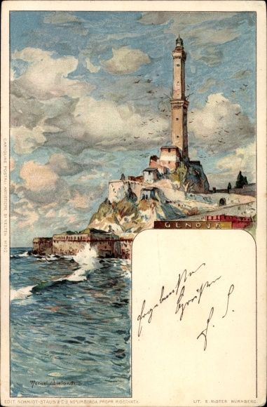 Künstler Litho Wielandt, Manuel, Genova Genua Ligurien, Blick auf den Leuchtturm