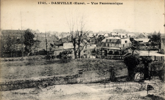 Postcard Damville Eure, view over houses, landscape, trees