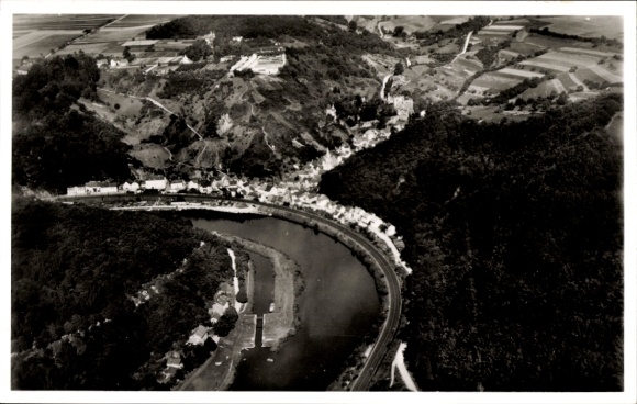 Postcard Balduinstein an der Lahn, aerial photograph of Balduinstein, Lahn, gardening school, Schwalbenst