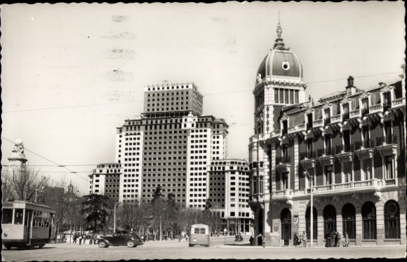 Postcard Madrid, Spain, Plaza de España building, tram