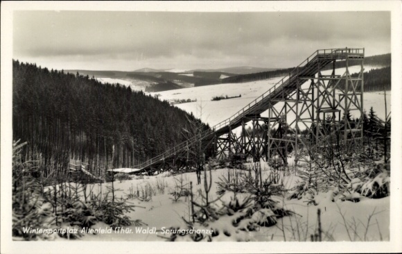 Postcard Altenfeld Großbreitenbach in Thuringia, winter sports area, ski jump, snow-covered landscape