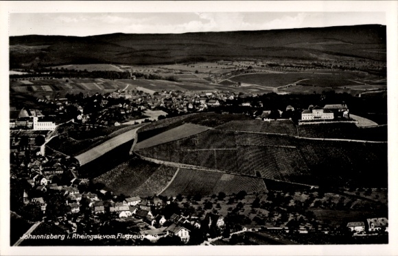 Postcard Johannisberg Geisenheim am Rhein Hesse, aerial view of Johannisberg, vineyards, hills