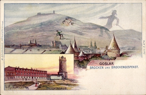 Künstler Ak Kretschmar, O., Goslar, Brockenhaus und Brockengespenst, Berggesichter