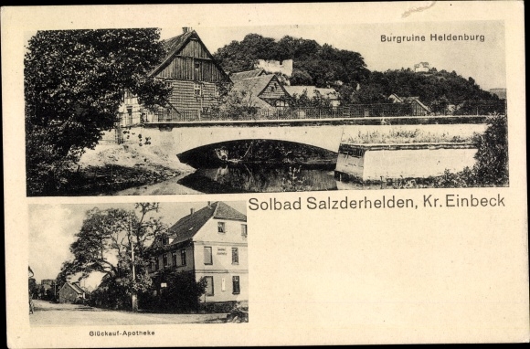 Ak Salzderhelden Einbeck in Nedersaksen, kasteelruïne Heldenburg, apotheek Glückauf