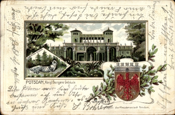 Gepreegd wapen passe-partout litho Potsdam, Koninklijke Oranjerie gebouw
