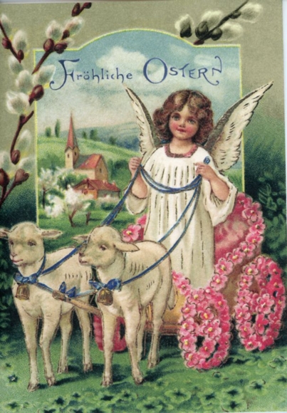 Set aus 7 Grusskarten Ostern (neu) - Osterhasen, Engel, Lamm, Küken, Osterei