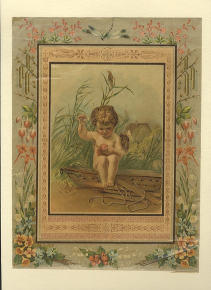 Beautiful lacquer picture of a little angel sewing a broken heart together (creased), approx. 25 x 19 cm