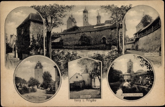 Postcard Isny im Allgäu, Espantor, Unterer Graben, Schlössle, Diebsturm, Pulverturm, Speicherturm