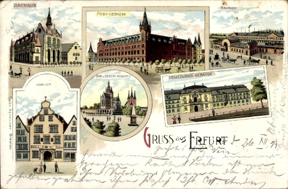 Litho Erfurt in Thüringen, Rathaus, Regierungsgebäude, Bahnhof, Dom, Post