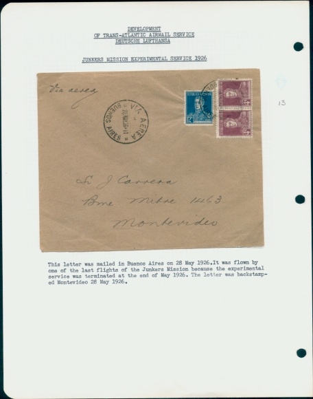 Letter Airmail Deutsche Lufthansa, Transatlantic, Junkers Mission Experimental Service 1926