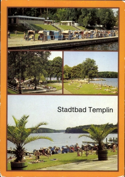 Ak Templin in der Uckermark, Verschiedene Ansichten des Stadtbads, Liegewiese, Wasser, Bäume, ...