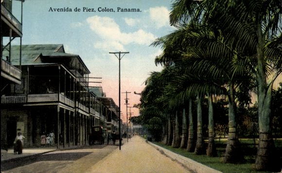 Ak Colón Panama, Avenida de Piez,  Palmen,  Architektur, Straßenansicht