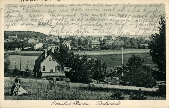 Postcard Ostseebad Bansin on Usedom, Baltic Sea resort view of the surroundings, single-family house in the foreground