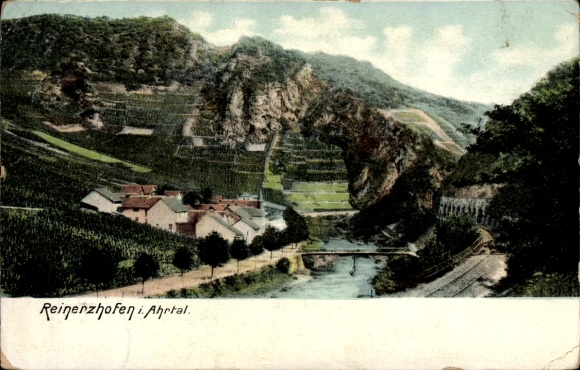 Postcard Reimerzhoven Altenahr in the Ahr Valley, Vineyards, rocky landscape, river, village architecture