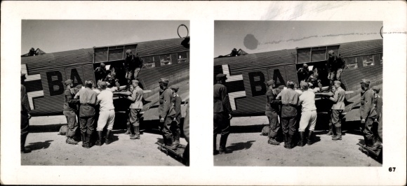 Stereo spatial image photo flying and winning No. 67, Junkers Ju 52 with wounded paratroopers