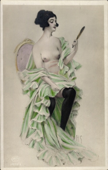 Artist Postcard woman with bare upper body, hand mirror, breasts, stockings