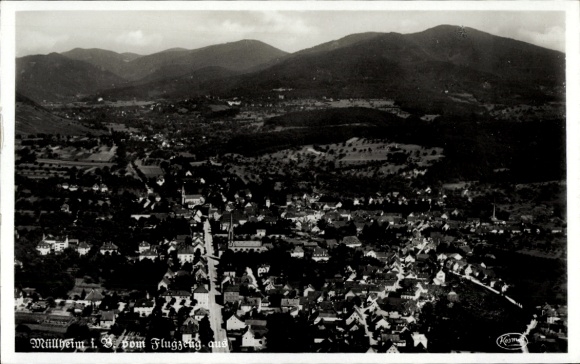 Postcard Müllheim in Baden Markgräflerland, aerial view of mountains in the background, in black and white