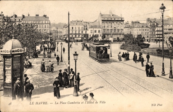 Ak Le Havre Seine Maritime, Gambettaplein met stadhuis, tram