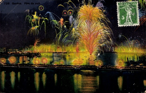 Ak Genf Stadt Schweiz, Feuerwerk, nächtliche Feier, Stadtansicht, Wasserreflexionen