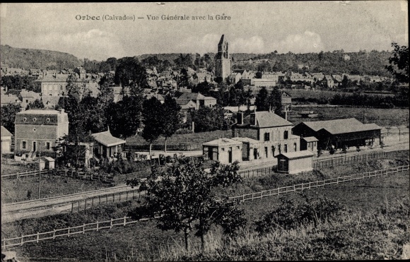 Postcard Orbec Calvados, General View with the Station