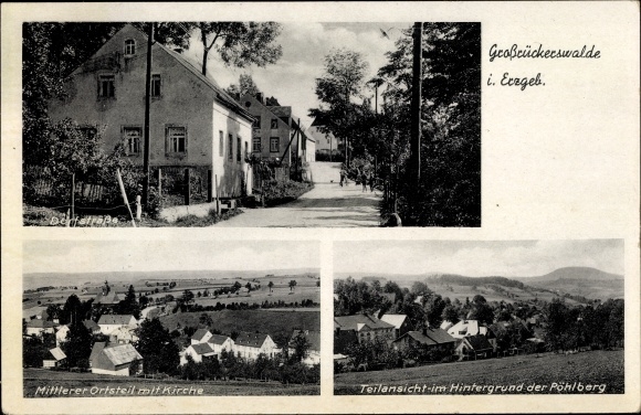 Ak Großrückerswalde in het Ertsgebergte, Dorfstraße, midden. Wijk met kerk, gedeeltelijk zicht op Pöhlberg
