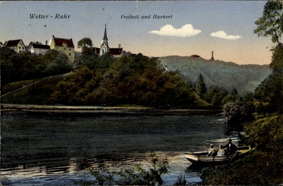 Postcard Wetter an der Ruhr, landscape with river, houses and church, idyllic scene, boaters