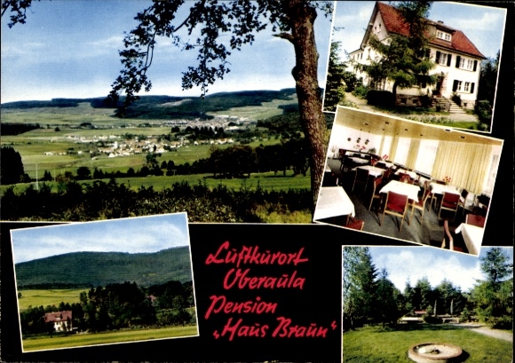 Postcard Oberaula in Hessen, total view, Pension Haus Braun, exterior view, dining room