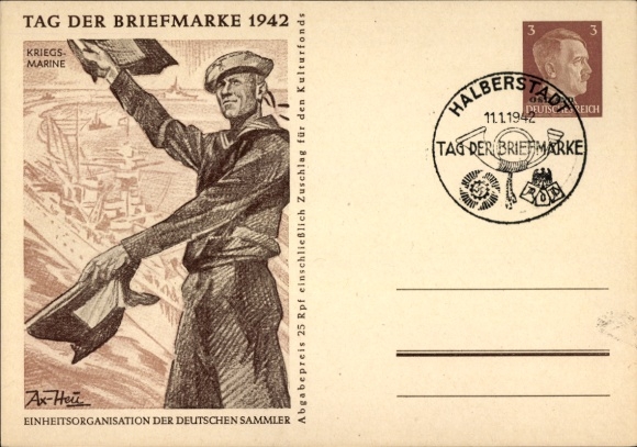 Postal stationery artist Postcard Axster Heudtlaß, Stamp Day 1942, Kriegsmarine