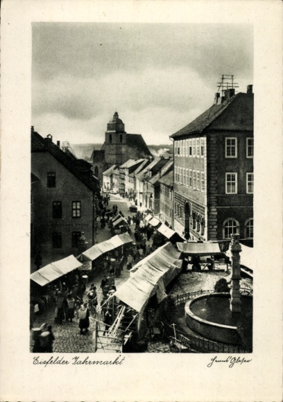 Postcard Eisfeld in Thuringia, party at the fair, inn at the golden star
