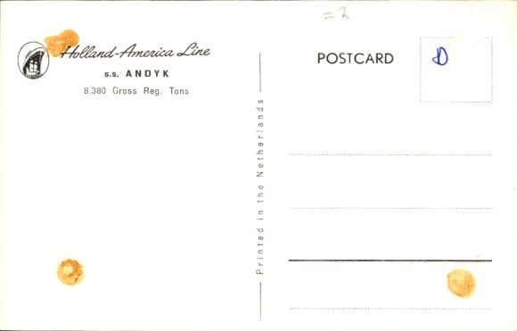 Postcard steamer SS Andyk, view portside, cargo ship, Holland America Line, HAL
