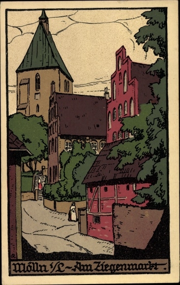 Lithography PC Mölln in the Duchy of Lauenburg, at the goat market