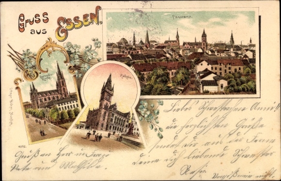 Litho Essen im Ruhrgebiet Nordrhein Westfalen, Gertrudiskirche, Rathaus, Panorama