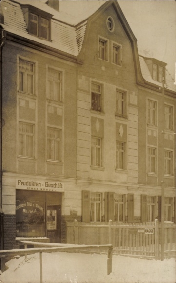 Foto Ak Hainichen? Böhlitz Ehrenberg? Produkten-Geschäft Paul Allner, Reklameschilder