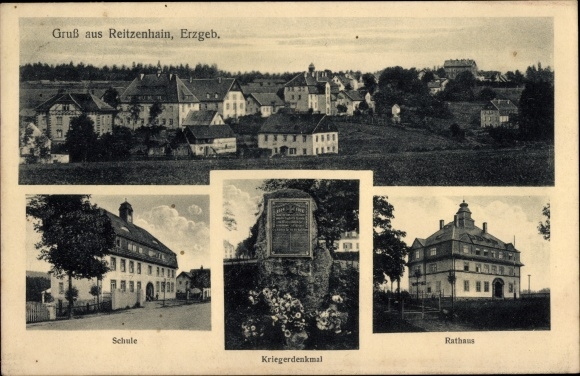 Ansichtkaart Reitzenhain Marienberg im Erzgebirge, overzicht, school, oorlogsmonument, gemeentehuis