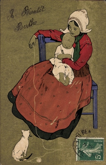 Chromo-Litho woman with baby, white cat, ball of wool