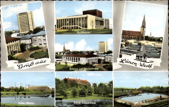 Postcard Lünen in Westphalia, Town Hall, City Theater, Zeche Viktoria, Marienkirche