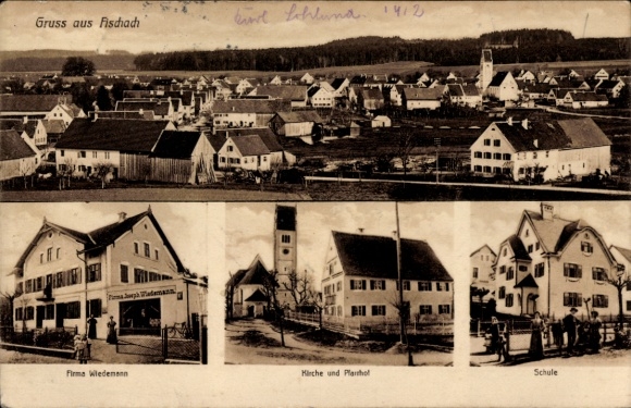 Postcard Fischach in the Swabian district of Augsburg, Wiedemann company, church, rectory, school