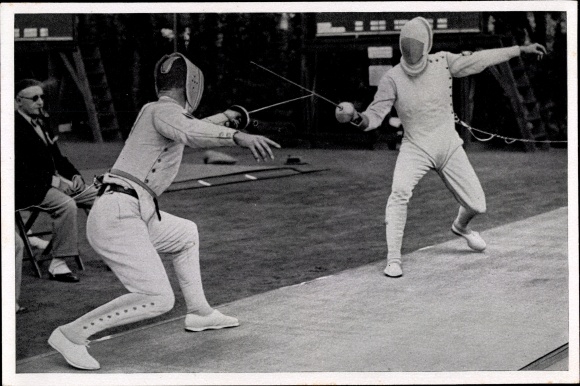 Sammelbild Olympia 1936, Fünfkämpfer Handrick und Bramfeld im Fechten