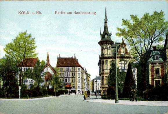 Kolonia nad Renem, Kolonia przy Sachsenring, drzewa, budynki, ulica, ludzie