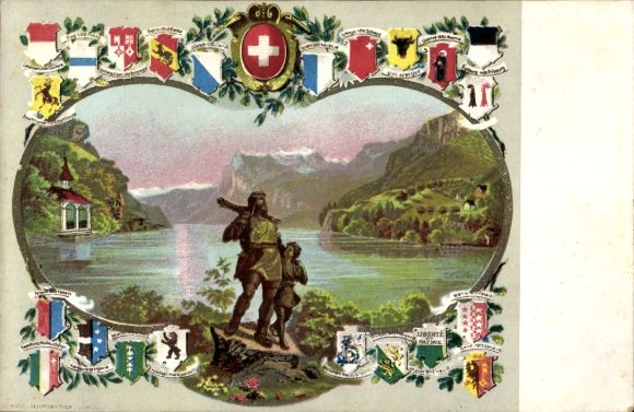 Ak Vierwaldstättersee Kanton Uri, Wappen der Kantone der Schweiz, Tell mit Sohn am Vierwaldstä...