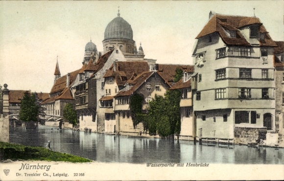 Postcard Nuremberg, Heubrücke, Synagogue
