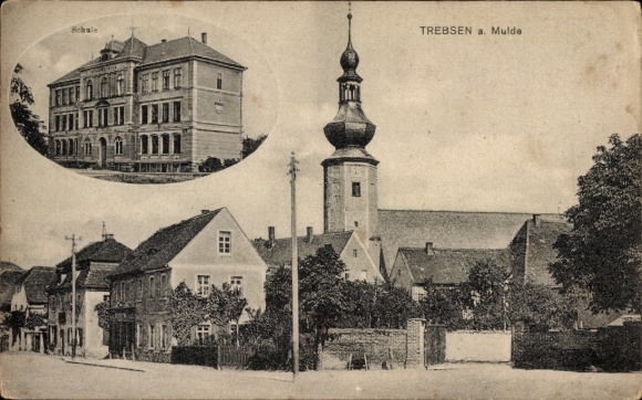 Ak Trebsen an der Mulde Sachsen, Stadtansicht  Kirche, Schule,  Gebäude